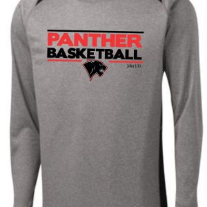 Heart For Christ Basketball Colorblocked Long slv Tshirt ST361LS with "panther basketball" logo and a panther graphic on the chest, featuring black shoulder patches.