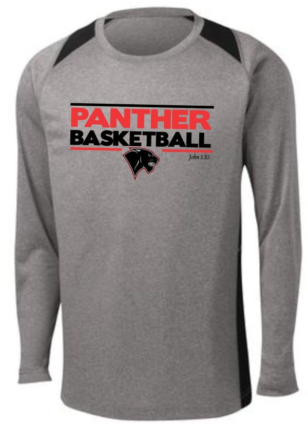 Heart For Christ Basketball Colorblocked Long slv Tshirt ST361LS with "panther basketball" logo and a panther graphic on the chest, featuring black shoulder patches.