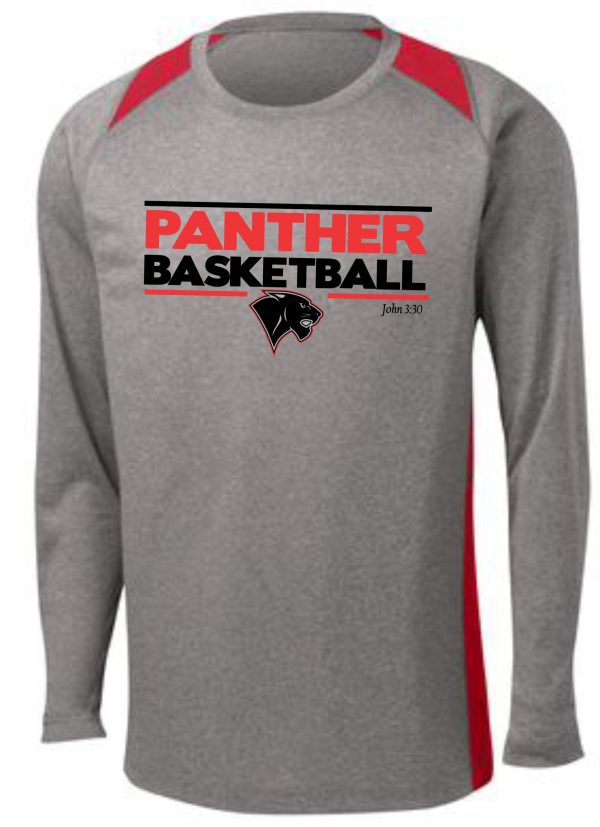 Gray long-sleeve shirt with panther basketball logo.