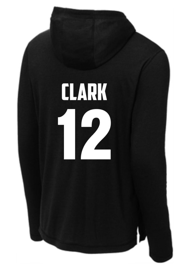 Hoops for Christ TriBlend words long sleeve hoodie ST406 with the name "clark" and the number "12" printed in white on the back.