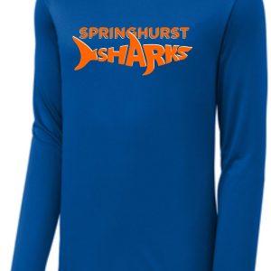 Long-sleeved Springhurst Sharks Wicking Royal T-shirt with the logo in orange and white across the chest.