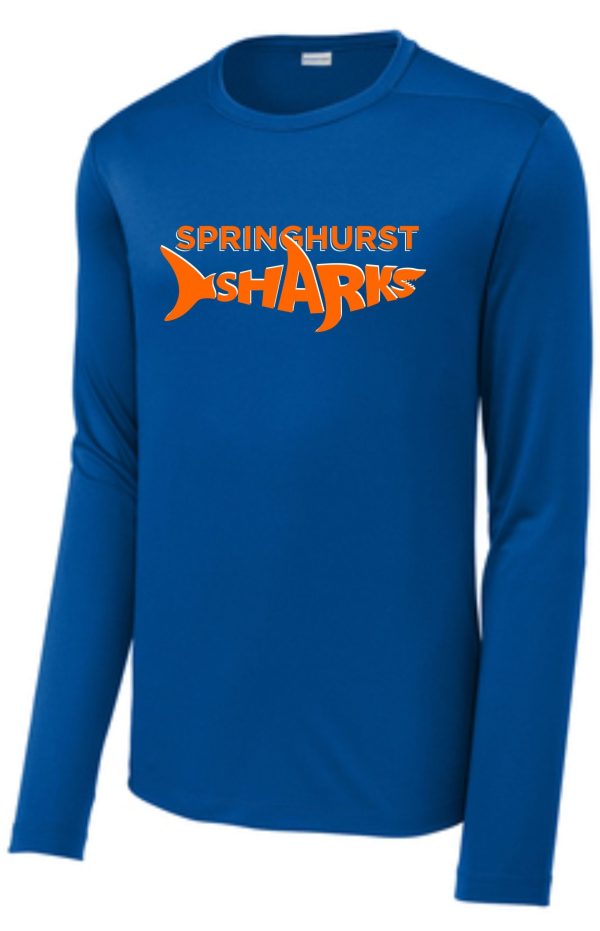 Long-sleeved Springhurst Sharks Wicking Royal T-shirt with the logo in orange and white across the chest.