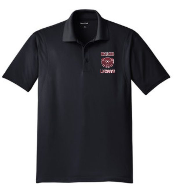 Ballard Lacrosse Mens Sport Wick embroidered polo ST650 with "ballard lacrosse" logo embroidered on the left chest. the logo features a stylized lacrosse ball and sticks.