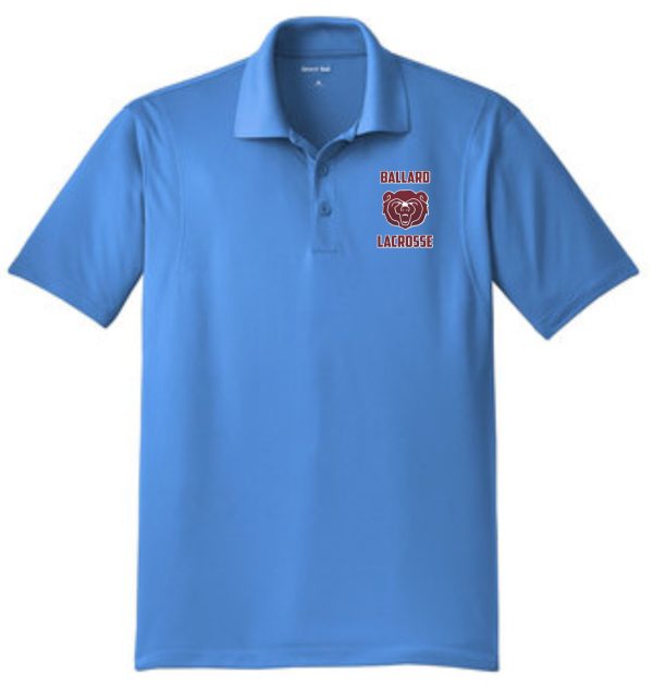 Blue Ballard Lacrosse Men's Sport Wick embroidered polo ST650 with the 'ballard lacrosse' logo embroidered on the left chest, displayed on a plain background.