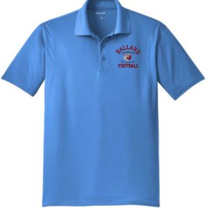 Light blue Ballard Football Mens Sport Wick embroidered polo ST650 with a collar and a logo on the left chest reading "ballard football" in red text.