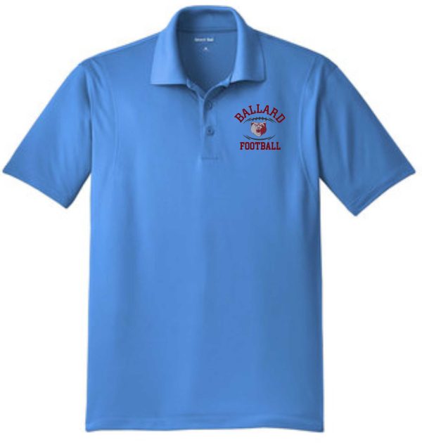 Light blue Ballard Football Mens Sport Wick embroidered polo ST650 with a collar and a logo on the left chest reading "ballard football" in red text.