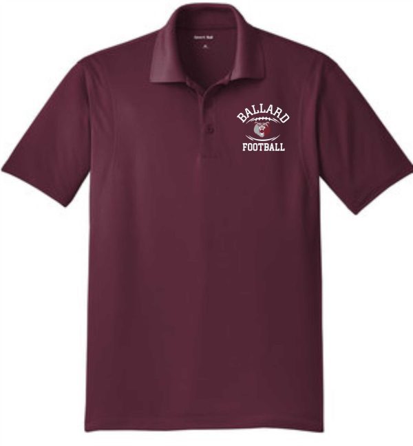 Maroon Ballard Football Mens Sport Wick embroidered polo ST650 with "ballard football" logo on the left chest, laid flat on a white background.