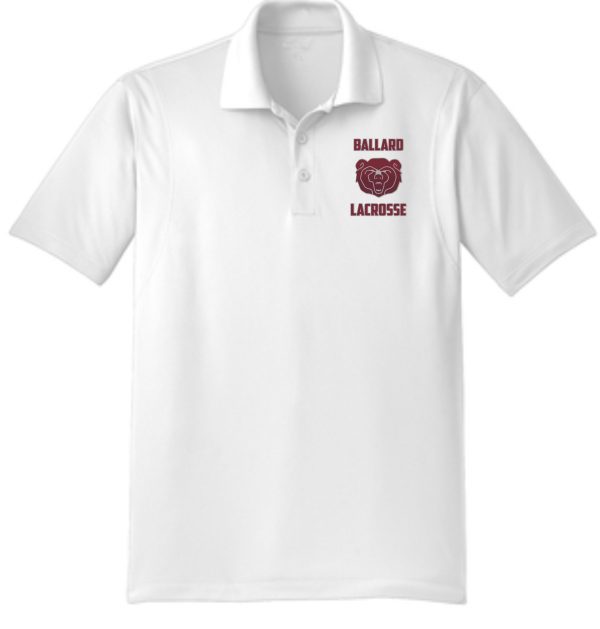 Ballard Lacrosse Mens Sport Wick embroidered polo ST650 with a logo of "ballard lacrosse" featuring a stylized bear inside a circle on the upper left side.