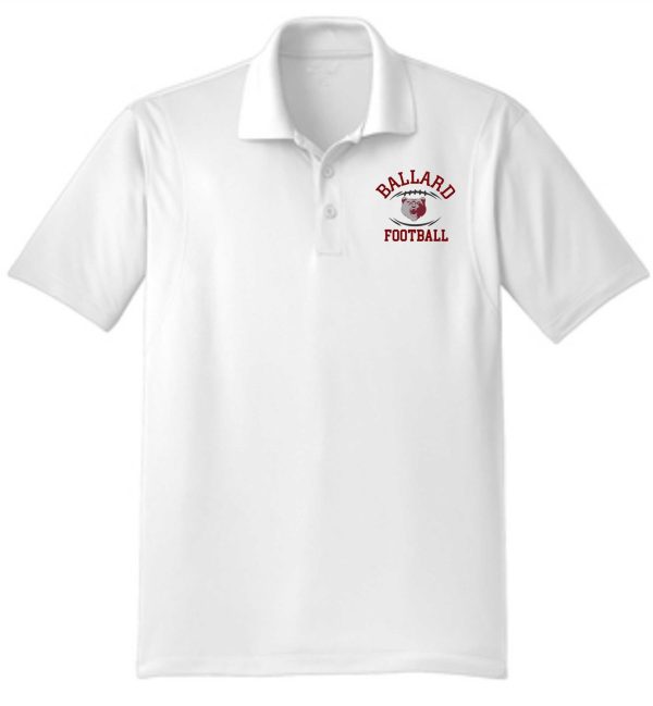 White Ballard Football Mens Sport Wick TALL embroidered polo TST650 with a red "ballard football" logo embroidered on the left chest.