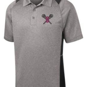 Ballard LAX Mens Heather Contender polo ST665 with a logo of two crossed badminton rackets and a shuttlecock, with the letter 'b' in the center.