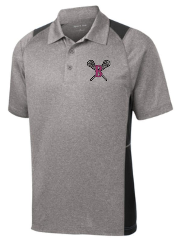 Ballard LAX Mens Heather Contender polo ST665 with a logo of two crossed badminton rackets and a shuttlecock, with the letter 'b' in the center.