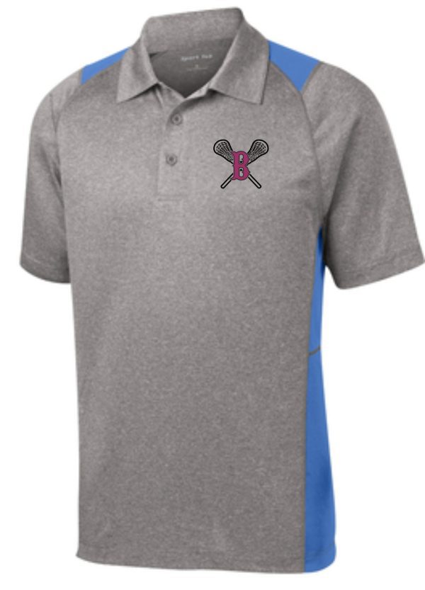 Ballard LAX Mens Heather Contender polo ST665 with blue sleeves, featuring a logo of crossed badminton rackets and a shuttlecock on the chest.