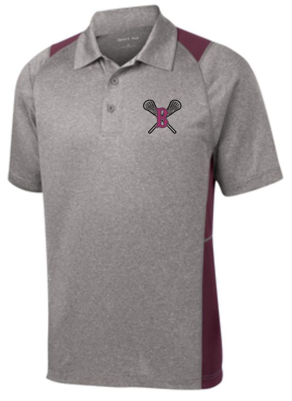 Ballard LAX Mens Heather Contender polo ST665 with maroon panels and a logo featuring two crossed badminton rackets and a shuttlecock on the left chest.