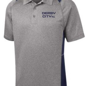 Derby City AC Mens Heather Contender polo ST665 with blue shoulder panels and the logo "derby city a.c." on the chest.