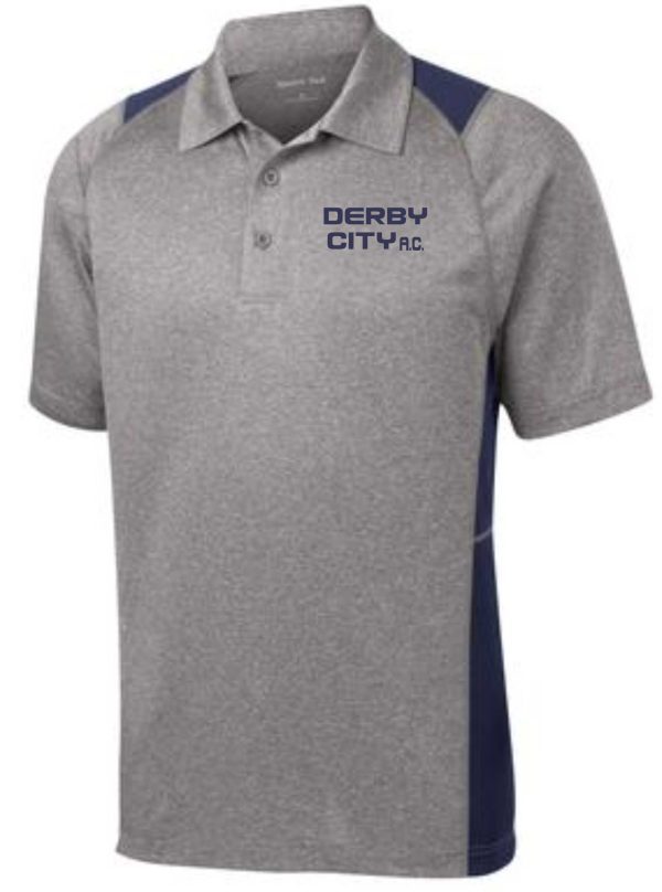 Derby City AC Mens Heather Contender polo ST665 with blue shoulder panels and the logo "derby city a.c." on the chest.