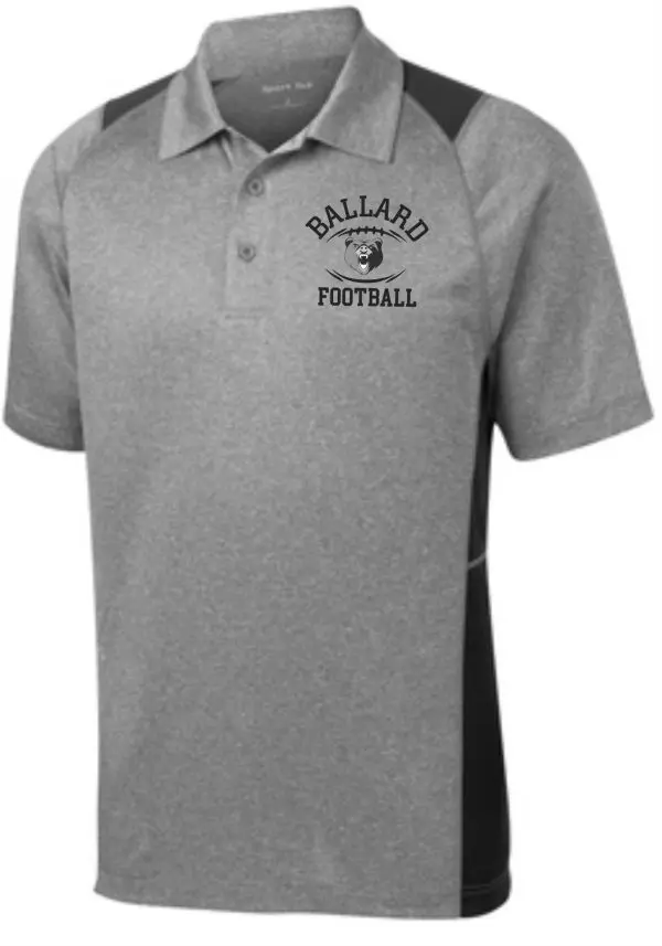 Grey Ballard Football Mens Heather Contender polo ST665 with a logo on the left chest area, featuring a button-up collar and black side panels.