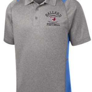 Ballard Football Mens Heather Contender polo ST665 with blue trim, featuring the logo "ballard football" on the left chest area.