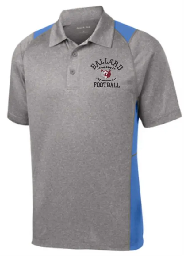 Ballard Football Mens Heather Contender polo ST665 with blue trim, featuring the logo "ballard football" on the left chest area.