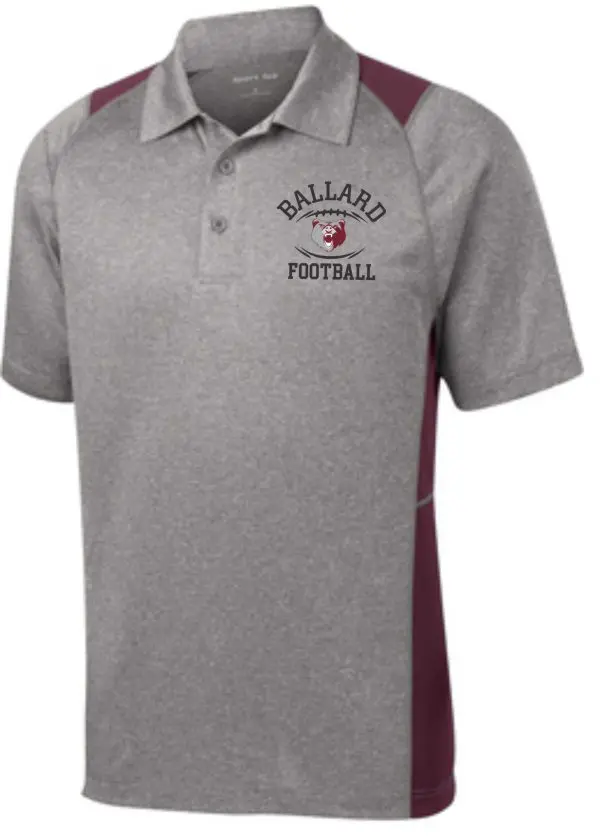 Gray and burgundy Ballard Football Mens Heather Contender polo ST665 with 'ballard football' logo on the left chest.