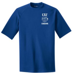 CEC Basketball Coaches moisture management royal blue t-shirt featuring a stylized cougar graphic printed on the upper left chest area.