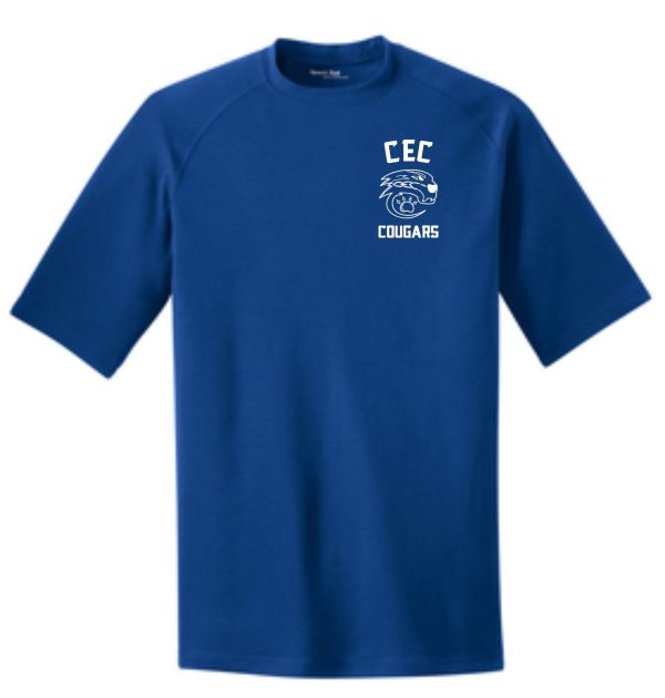 CEC Basketball Coaches moisture management royal blue t-shirt featuring a stylized cougar graphic printed on the upper left chest area.