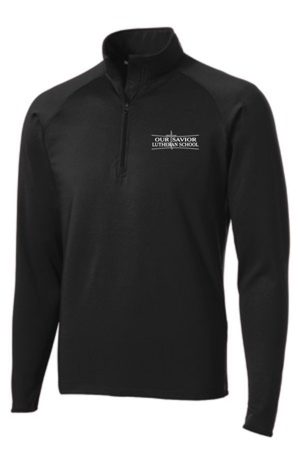 Black OSLS Mens 1/2 zip embroidered stretch pullover ST850 with "our savior lutheran school" logo embroidered on the left chest.