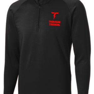 Black Thomson Training mens 1/2 zip pullover with a red "t" logo on the left chest and "thomson training" text in red below the logo.