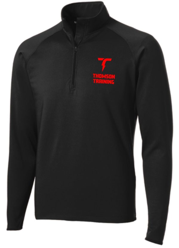 Black Thomson Training mens 1/2 zip pullover with a red "t" logo on the left chest and "thomson training" text in red below the logo.