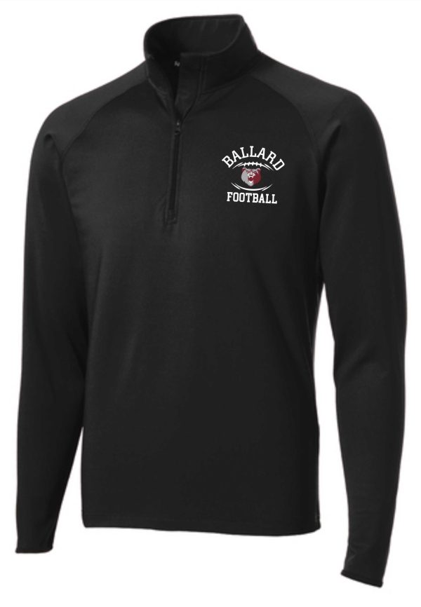 A black Ballard Football mens 1/2 zip pullover ST850 with the "ballard football" logo embroidered on the left chest.