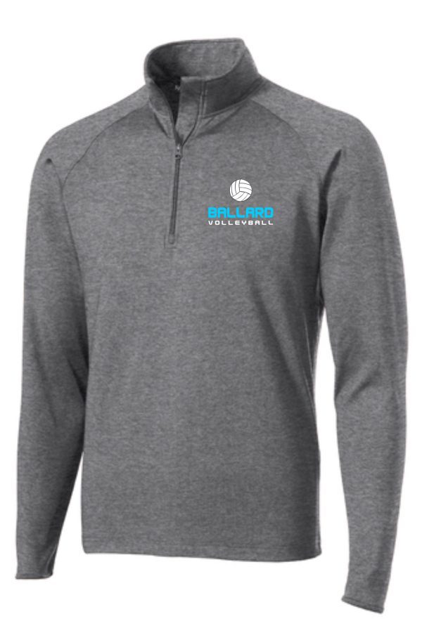 Gray half-zip pullover Ballard Volleyball Charcoal Gray Mens 1/2 zip  pullover ST850 with "ballard volleyball" logo on the left chest.