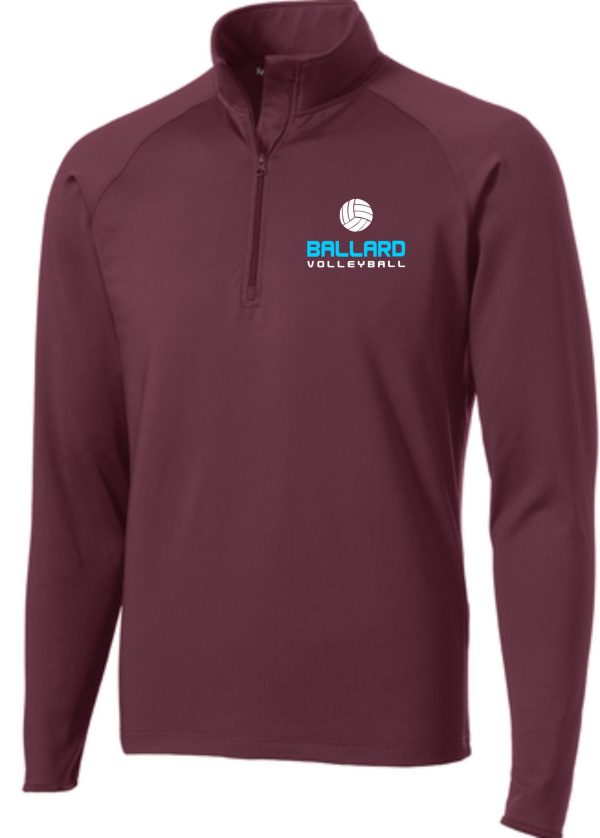 Ballard Volleyball Maroon Mens 1/2 zip pullover ST850 with "ballard volleyball" logo on the upper left chest.