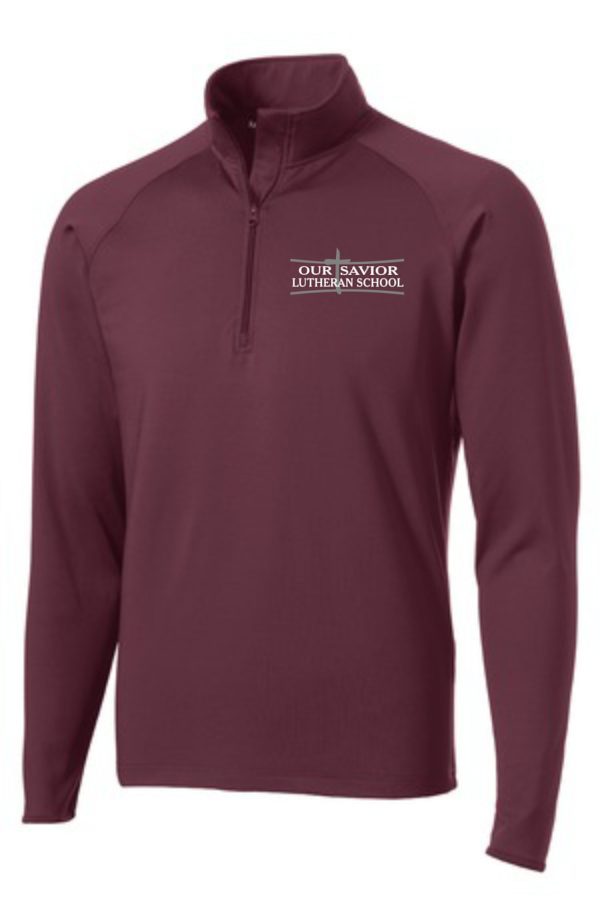 Maroon OSLS Mens 1/2 zip embroidered stretch pullover with “our savior lutheran school” logo embroidered on the left chest.