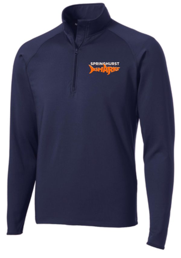 Springhurst Sharks Mens 1/2 zip pullover ST850 featuring the "springhurst sharks" logo in orange and white on the left chest.