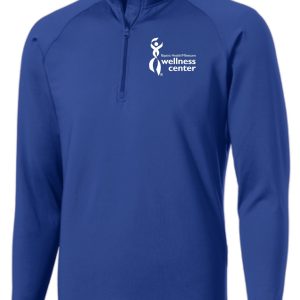 Blue long-sleeve shirt with wellness center logo.