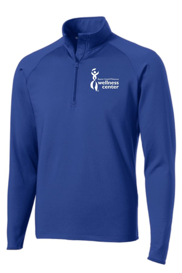 Blue long-sleeve shirt with wellness center logo.