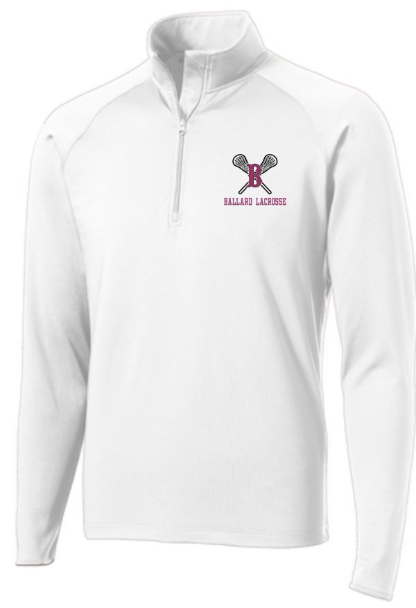 White Ballard Lacrosse Mens 1/2 zip pullover ST850 featuring a stylized bee on the upper left chest.