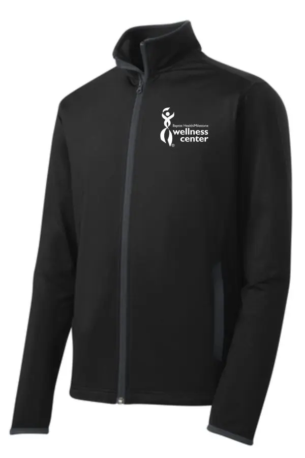 Black zip-up jacket with wellness center logo.