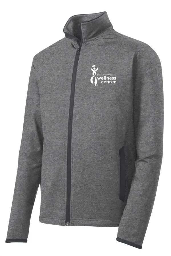 Gray zip-up jacket with wellness center logo.