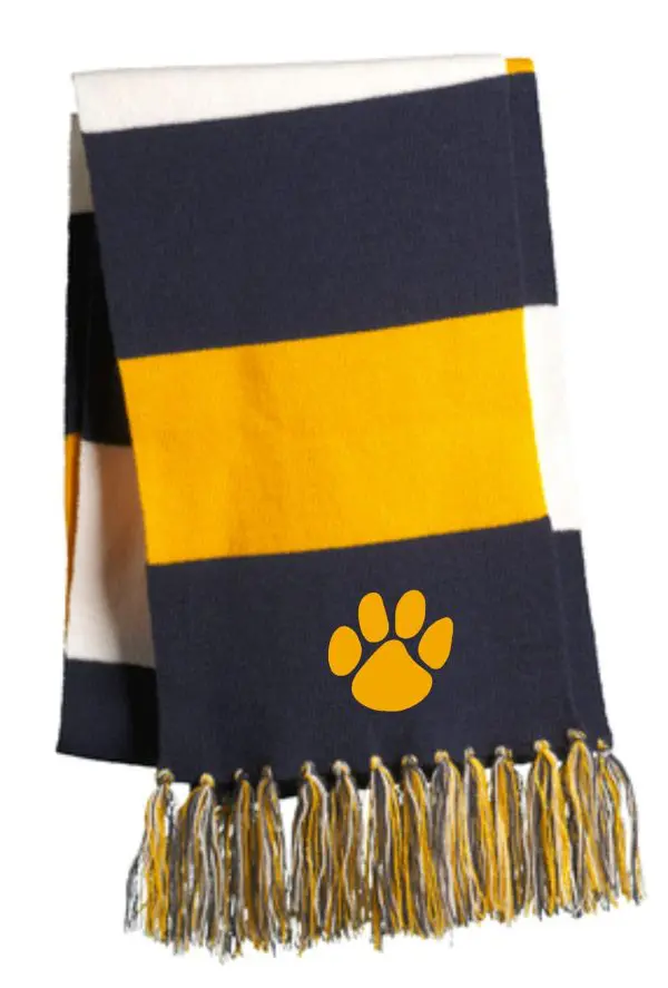 Carter Cross Country Embroidered Paw Print Scarf STA-02 with fringe, isolated on a white background.