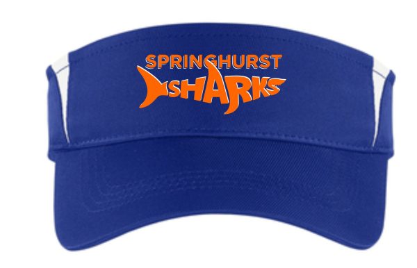 Springhurst Sharks royal white visor STC13 with white straps featuring the logo "springhurst sharks" in orange with a stylized shark graphic.