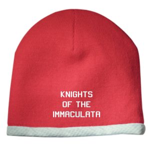 Immaculata Red white STC15 Beanie with "knights of the immaculata" text embroidered in white on the front, featuring a contrasting white hem.