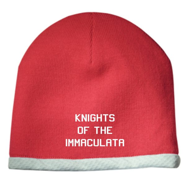 Immaculata Red white STC15 Beanie with "knights of the immaculata" text embroidered in white on the front, featuring a contrasting white hem.