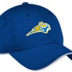 Blue baseball cap with a yellow bison logo.