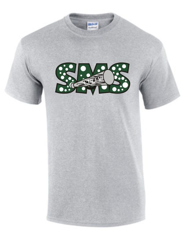 St Martha SMS Cheer Spirit T-shirt with graphic text "sax" and a stylized saxophone in green with white polka dots.