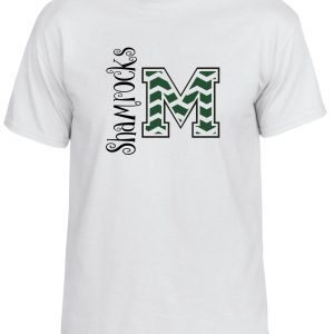 St Martha Shamrock Chevron M Spirit T-shirt with a green "m" logo and the word "shamrocks" in a decorative font above it.