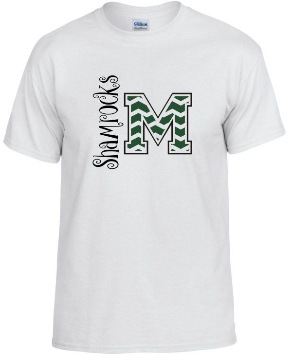 St Martha Shamrock Chevron M Spirit T-shirt with a green "m" logo and the word "shamrocks" in a decorative font above it.