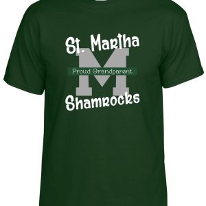 Green t-shirt with "St Martha Shamrock Proud Spirit T" printed in white block letters.