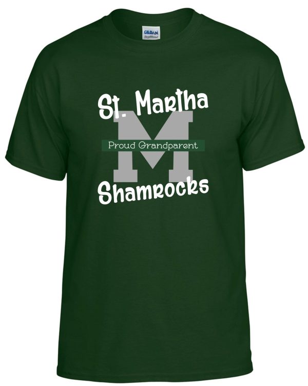 Green t-shirt with "St Martha Shamrock Proud Spirit T" printed in white block letters.