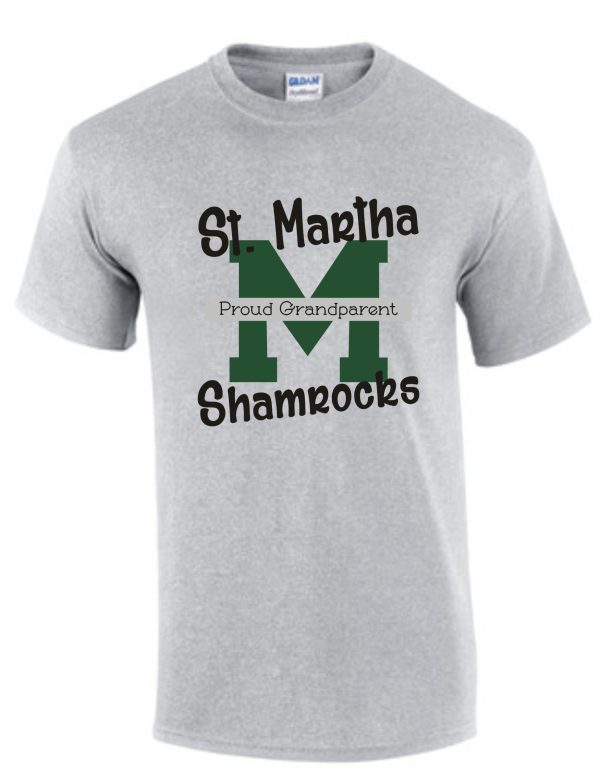 Grey t-shirt with "St Martha Shamrock Proud Spirit T" text and a large green letter M.