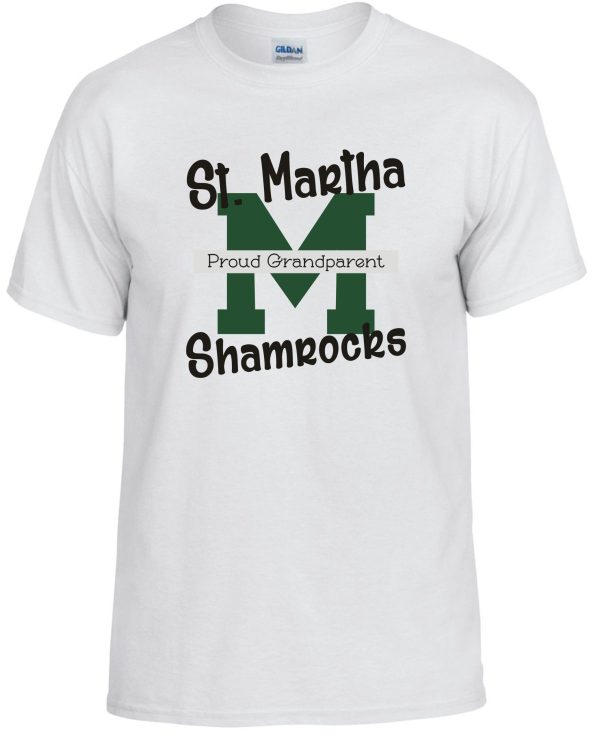 White St Martha Shamrock Proud Spirit T-shirt with green "st. martha shamrocks" text and logo, and "proud grandparent" written underneath.